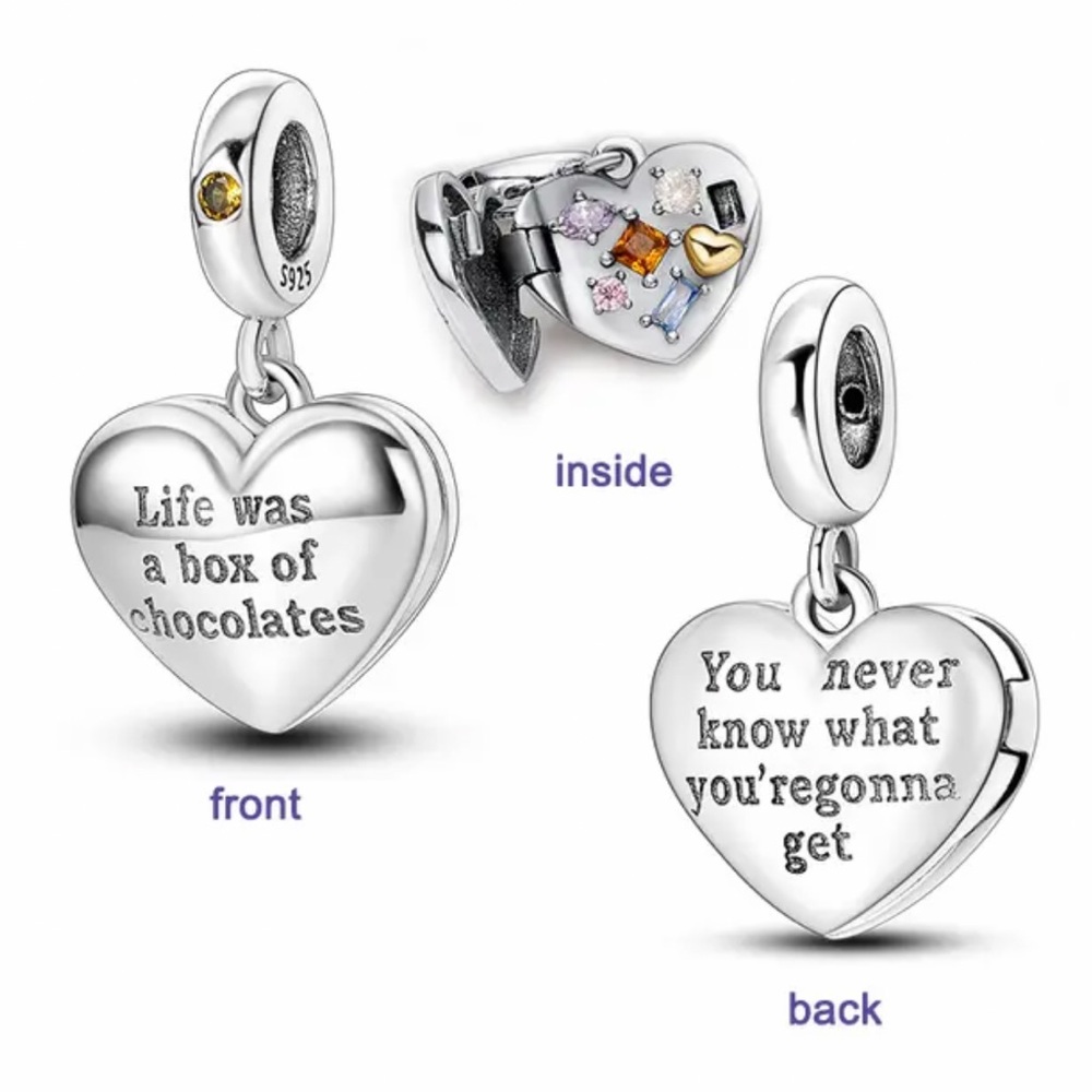 NWOT Life was a Box of Chocolates Locket Heart Dangle Charm Sterling Silver 925
